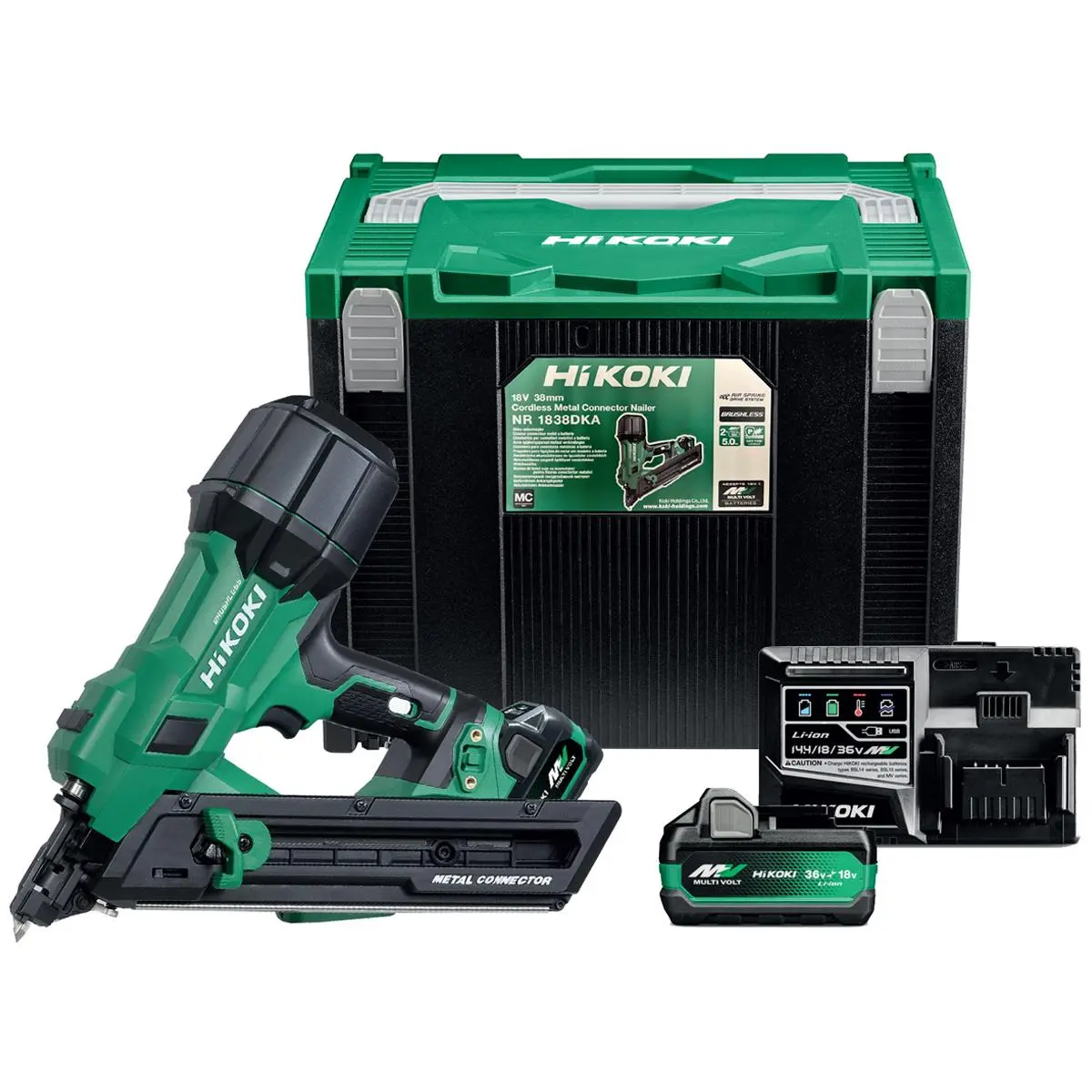 Hikoki Nr1838dkajxz 18V Brushless 38Mm Metal Connector Nailer With 2 × 2.5/5.0Ah Battery, Charger & Case 1