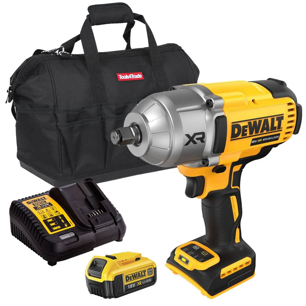 Dewalt Dcf900n 18V Xr Brushless 1/2” High Torque Impact Wrench Hog Ring With 1 X 4.0Ah Battery Charger & Bag 1